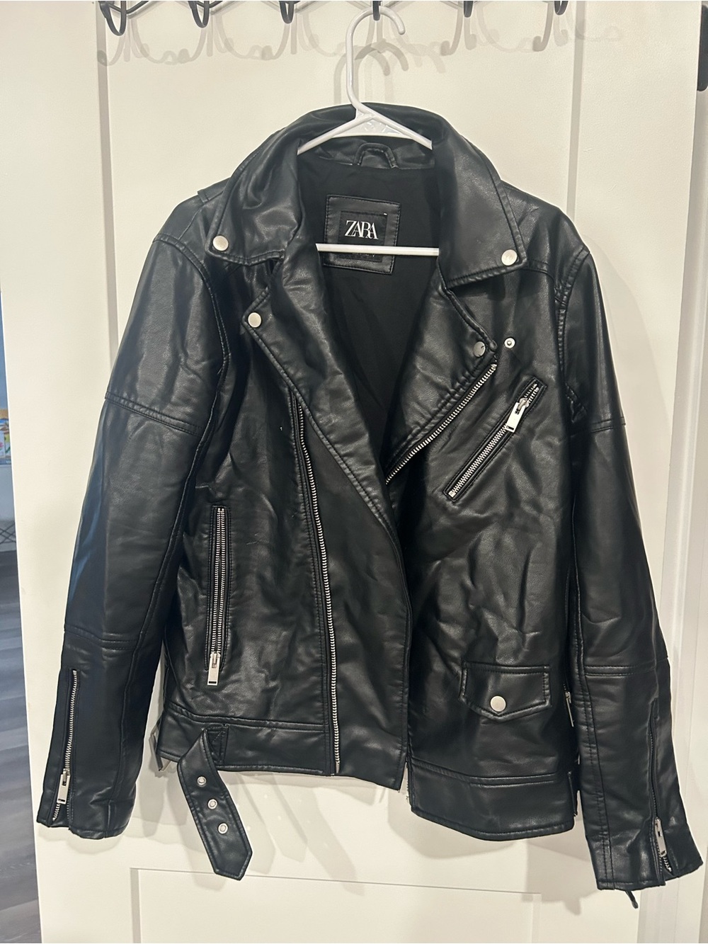 ZARA Black Faux Leather Biker Jacket with Silver Hardware